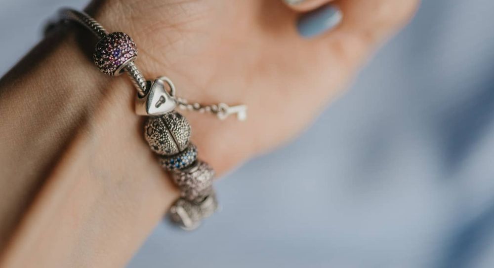 Memorial jewellery on a wrist.