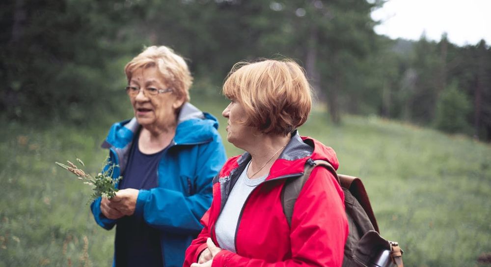 2 women talk on a woodland walk