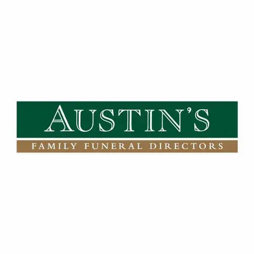 Logo for Austins Family Funeral Directors Hoddesdon. White text on green and brown rectangles