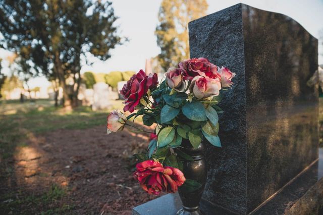 memorial vase with roses inside next to a headstone