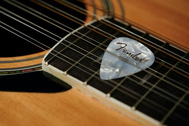A guitar pick resting in the strings of a guitar.