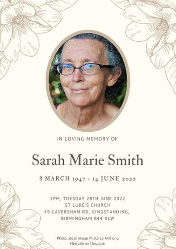 Order of service booklet cover with a portrait of a woman alongside text "In loving memory of Sarah Marie"