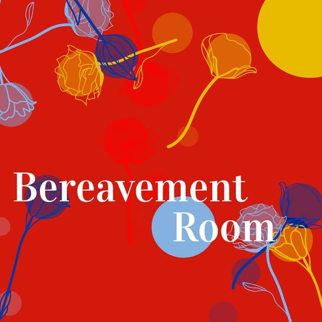 Bereavement Room podcast logo. Simplified flowers in drawn in blue, red and yellow on a red background.