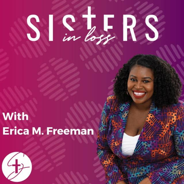 Sisters in Loss podcast host Erica M Freeman smiling in front of a pink and purple background