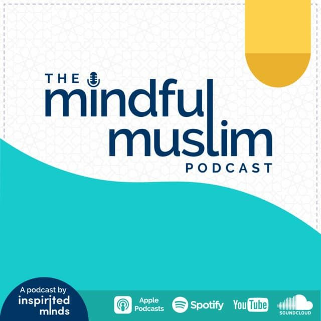 The Mindful Muslim Podcast logo. Title on a white background above a graphic teal wave 
